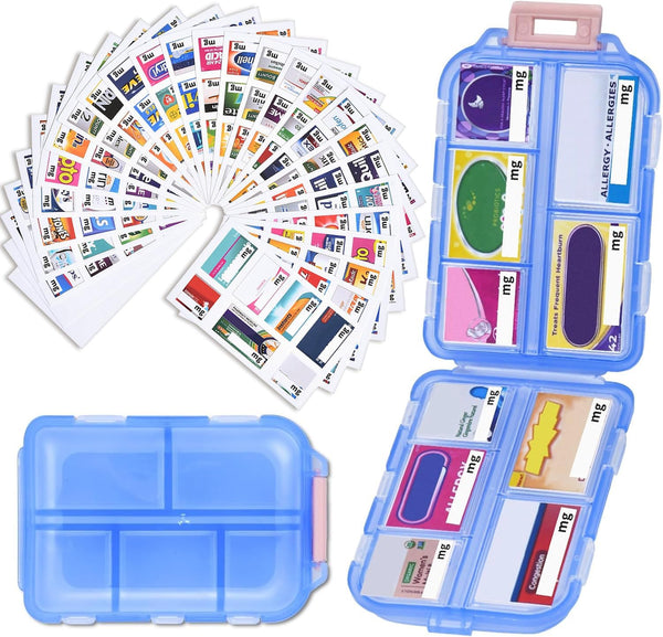 Shiritany Travel Pill Organizer with 189 Medicine Labels, 10 Compartments Small Pill Case