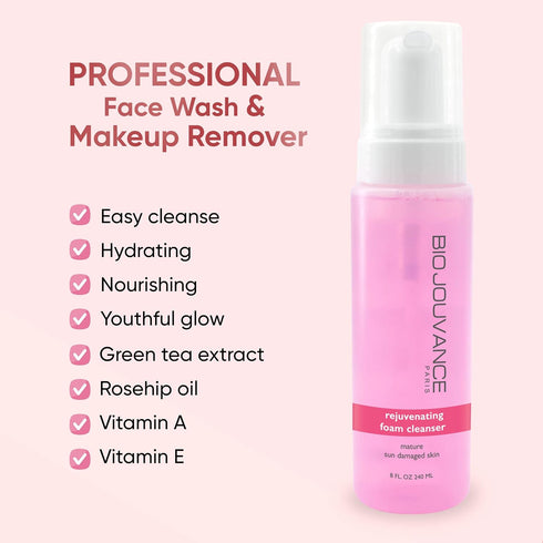 Rejuvenating Foaming Facial Cleanser 8oz - Gentle Foam Face Wash for Mature/Sun Damaged Skin, Made in France