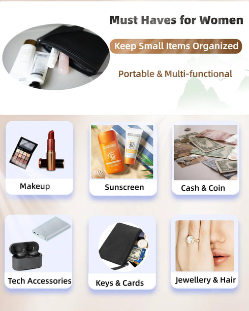 Small Black Makeup Bag for Purse, Vintage Cosmetic Pouch, PU Leather Mini Zipper Clutch, Travel Lipstick Holder
