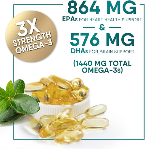 Triple Strength Omega 3 Fish Oil, 2400 mg Supplement - 60 Softgels for Brain & Heart Health Support