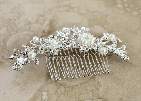 Wedding Hair Comb for Bride & Maid of Honor Gift, Silver Rhinestone & Pearl Hair Accessories for Women