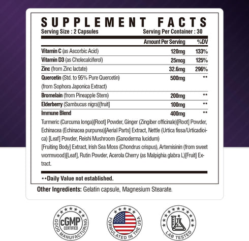 Quercetin with Bromelain, Quercetin 500mg Capsules, Vitamin C & D3, Zinc and Elderberry - Advanced Lung Immune and Respiratory Support Supplement - 60 Capsules