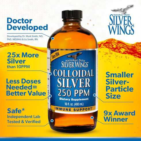 Natural Path Silver Wings Colloidal Silver Liquid, Enhanced Immune Support Supplement, 250ppm, 2oz Dropper