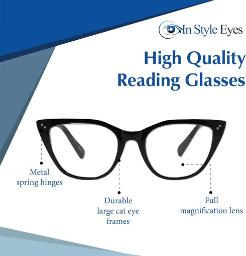 In Style Eyes Stylish Reading Glasses, Full-Rimmed Classic Large Cat Eye Frame, Non Prescription, Black, 1.5x