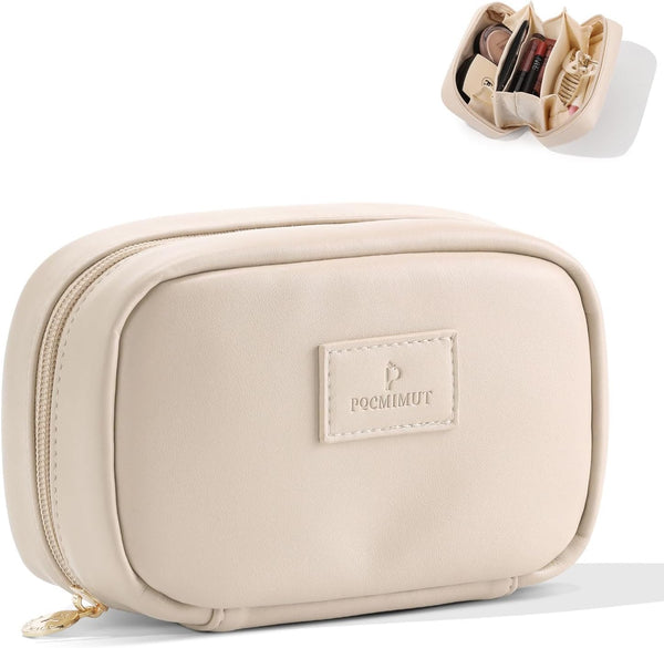 Pocmimut PU Leather Makeup Bag, Open Flat Travel Pouch for Women, Essentials Organizer (Beige)