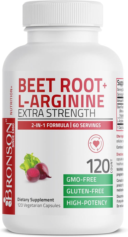 Bronson Beet Root + L-Arginine 2000 MG Nitric Oxide Production Supplement, Non-GMO, 120 Vegetarian Capsules