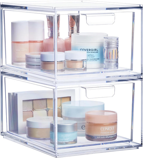 STORi Audrey Stackable Clear Bin Plastic Organizer Drawers | 2 Piece Set | Organize Cosmetics and Beauty Supplies on