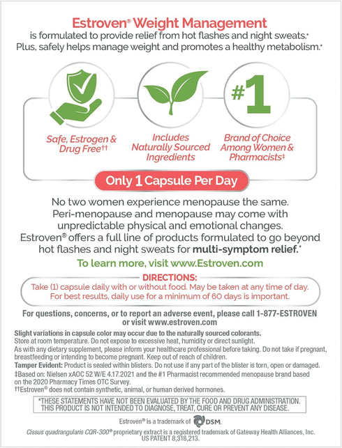 Estroven Weight Management for Menopause Relief - 30 Ct. - Clinically Proven Ingredients for Weight Management & Hot