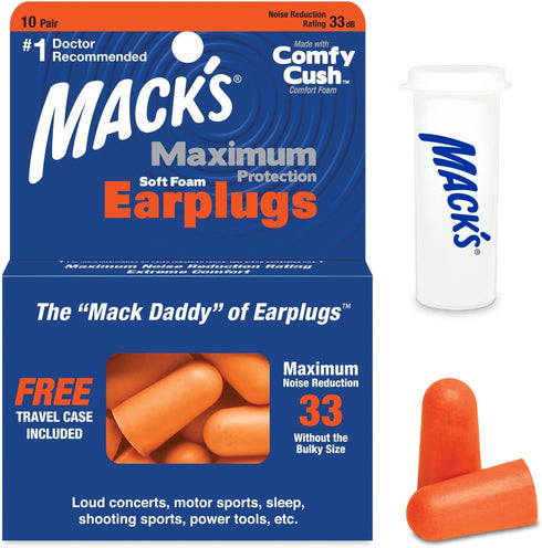Mack’s Maximum Protection Soft Foam Earplugs – 10 Pair, 33 dB NRR – Comfortable for Sleeping, Concerts, Tools