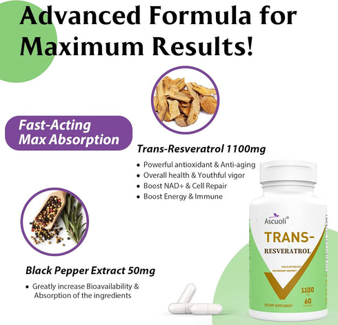 99% Ultra Purity Ascuoli Trans-Resveratrol 1100mg, 3-in-1 Organic Resveratrol Supplement for Antioxidant & Immune
