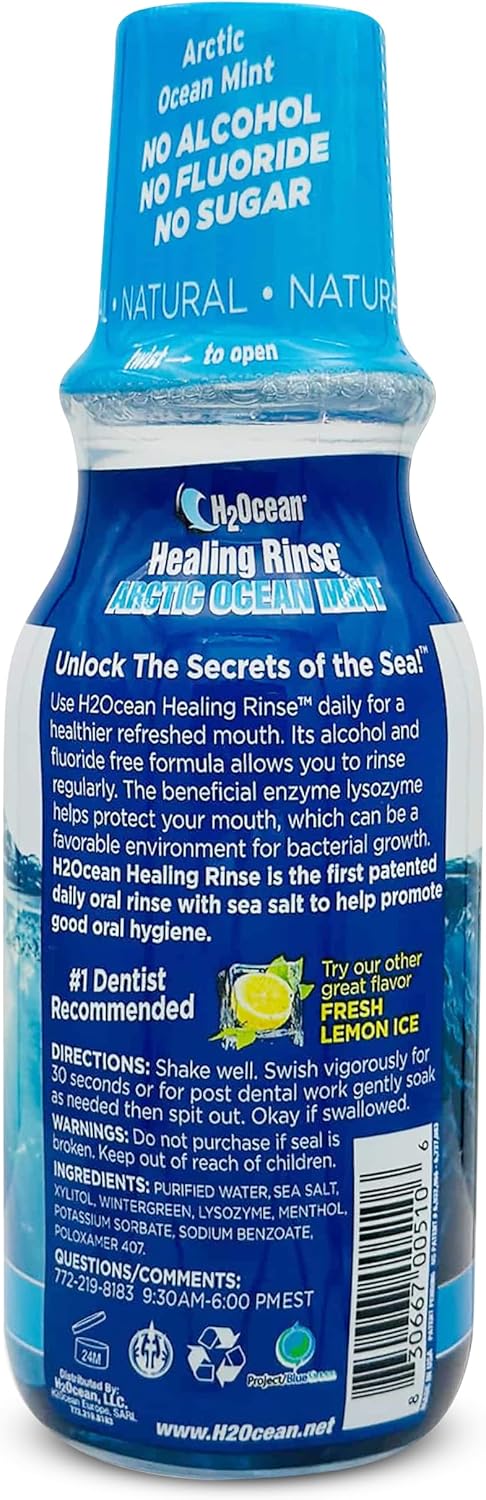 2 Pack H2Ocean Healing Rinse Mouthwash- Great Tasting Sea Salt & Xylitol Mouth Wash for Fresh Breath & Dry Mouth - Alcohol & Fluoride Free - Arctic Ocean Mint 16oz