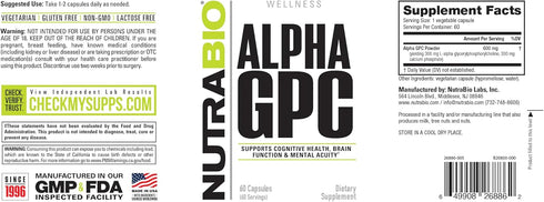 NutraBio Alpha GPC - Brain Support & Improved Memory Function, 300mg, 60 Vegetable Capsules