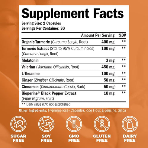 Turmeric, Melatonin & Valerian Root Sleep Aid Supplement - Natural Sleep Aid with L-Theanine, Ginger & Black Pepper