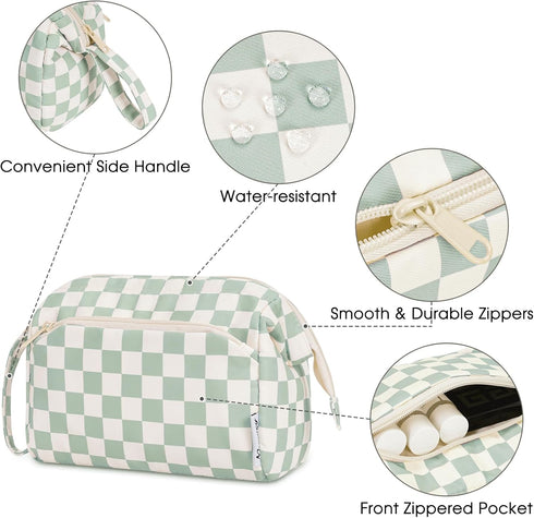 Narwey Large Mint Green Checkerboard Makeup Bag, Wide-open Travel Cosmetic Organizer