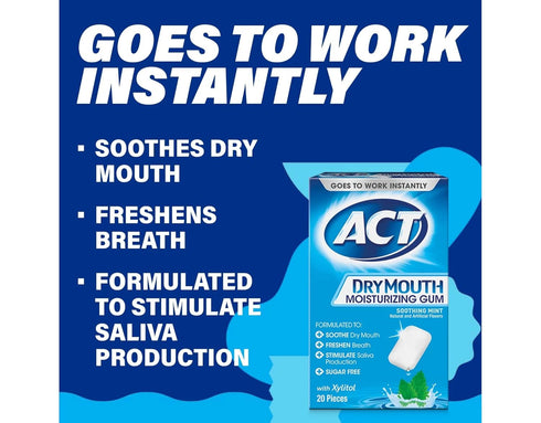 ACT Dry Mouth Moisturizing Gum, Sugar Free, Soothing Mint, 20 Count (Pack of 2)