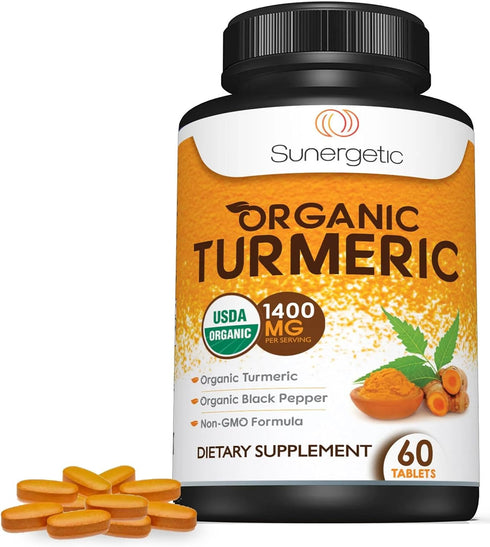 USDA Certified Organic Turmeric Supplement, 1,400mg Turmeric per Serving, Organic Black Pepper, 60 Count