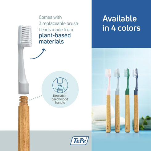 TEPE Choice Soft Toothbrush, Gray, Dental Toothbrush with 3 Replaceable Heads for Effective Teeth Cleaning