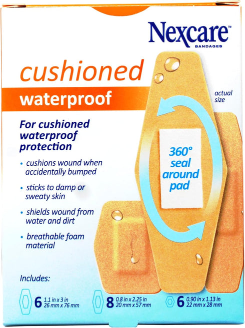 Nexcare Waterproof Cushioned Bandages, Assorted Sizes, 20 Count