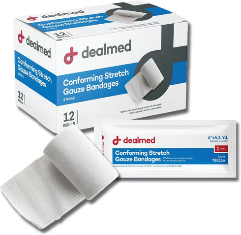 Dealmed 6" Sterile Conforming Stretch Gauze Bandages, 4.1 Yards Latex Free Stretched Dressing Wrap, Medical
