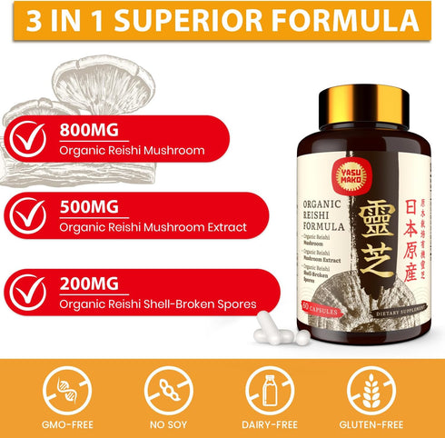 Japanese Reishi Mushroom Supplement - 800mg with Reishi Extract 500mg & Shell-Broken Spores 200mg, Pack of 2