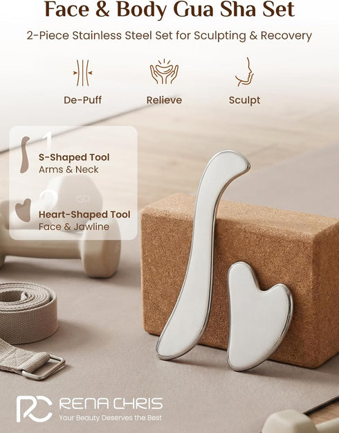 Set (2-Piece Rena Chris Gua Sha & Muscle Scraper Tool, Stainless Steel Face & Body Gua Sha for Lymphatic Drainage