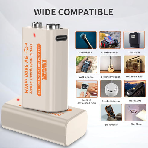 TAYUZH 9V 3600mWh 9 2 Pack Rechargeable Battery V High Capacity Lithium Batteries for Smoke Detectors, Microphone
