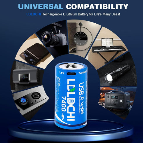 LDLDCHI 4-in-1 4 Pack 7400mWh 1.5V 1000 Rechargeable Lithium D Batteries with Charge Cable, D Cell Rechargeable