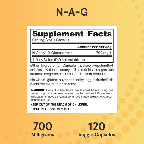 Jarrow Formulas N-A-G 700mg, 120 Veggie Capsules - N-Acetyl Glucosamine for Bone & Joint Support, Up to 120 Servings