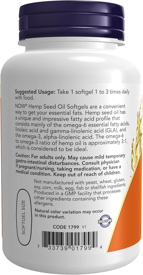 NOW Supplements Hemp Seed Oil 1,000 mg, Essential Fatty Acids Nutritional Oil, 120 Softgels