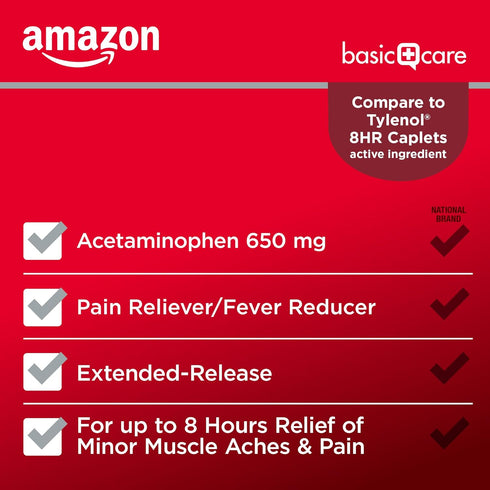 Amazon Basic Care Acetaminophen Extended-Release Tablets, 650 mg, 100 Count for Pain Relief