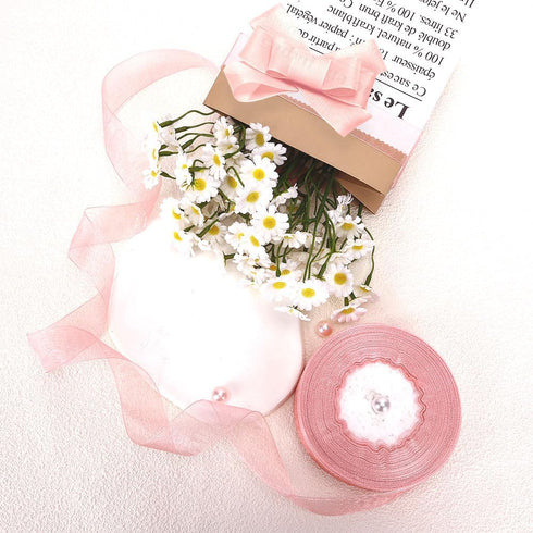 Pink Ribbon 1 Inch x 50 Yards for Flower Bouquets, Sheer Tulle Ribbon for Gift Wrapping, Crafts, Wedding Decorations