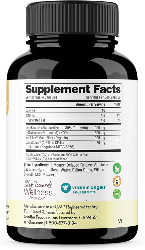 Sandhu's Gut Health - Prebiotic, Probiotic, Postbiotic & L-Glutamine | 120 Delayed Release Capsules for Digestive Health