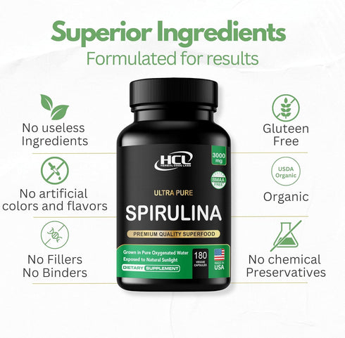 Organic Spirulina Powder Capsules 3000 mg - Pure Non-Irradiated Blue Green Algae, 180 Pills Made in The USA