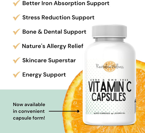Vitamin C Capsules | Pure, Corn & GMO-Free | 1000 mg Vitamin C Per Capsule | 200 Capsules.