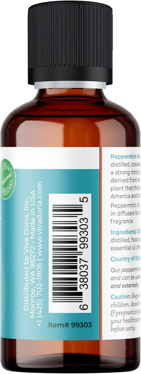 Viva Doria 100% Pure Northwest Peppermint Essential Oil, Undiluted, Food Grade, 30 mL, Made in USA