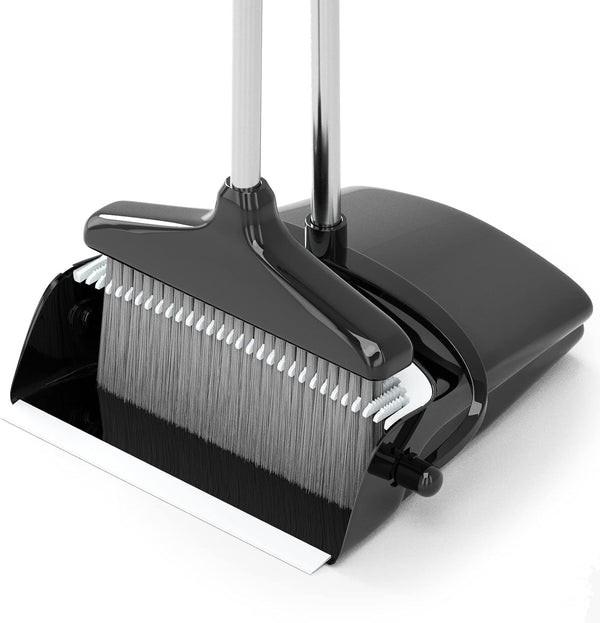 Broom with Dustpan Combo Set, 54” Long Handle Household Dust Pan for Home Office Kitchen Cleaning (Black & Grey)