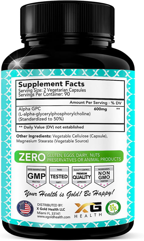 Alpha GPC Choline Supplement 600mg - Highly Purified Source of Choline, 180 Veggie Capsules for Cognitive Enhancement