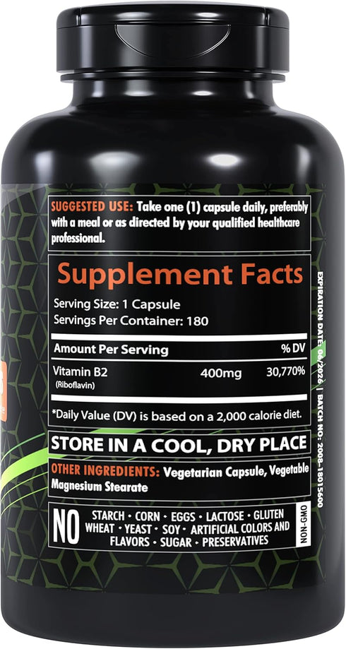 Vitamin B2 400mg | 180 Capsules | Riboflavin | Gluten Free | Made in The USA (1)
