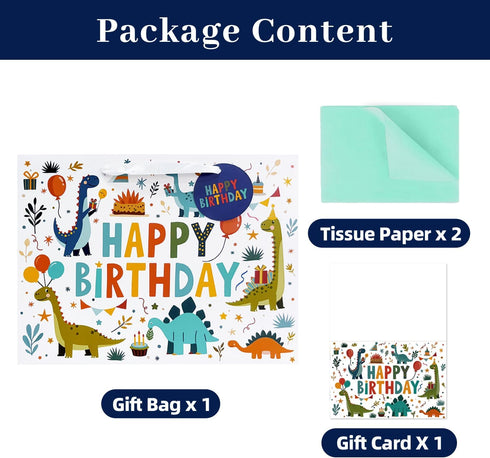 LEAYUGF 13.8" Large Dinosaur Gift Bag with Tissue Paper and Card For Kids Boys Birthday Dinosaur Themed Party Supplies