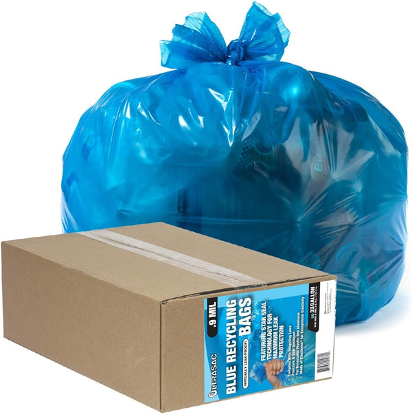Ultrasac Recycling Bag, 33 Gallon, 9 Mil, 33"x38", Translucent Blue, 50 Count w/Ties