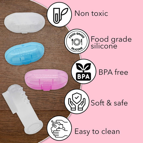 Baby Finger Toothbrush (Set of 3) - Silicone Baby Toothbrush with 3 Cases in Blue, Pink & Clear