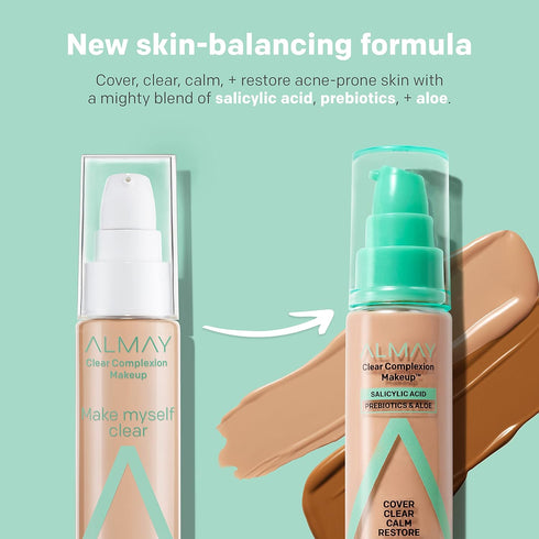 Almay Clear Complexion Acne Foundation Makeup with Salicylic Acid, Lightweight Medium Coverage for Sensitive Skin, 200