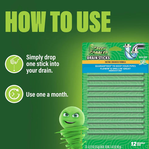 Green Gobbler Drain Cleaner & Deodorizer, FRESH SCENT Sticks for Toilet Tanks, Sinks, and Drains - 24 Pieces