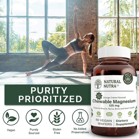 Natural Nutra Chewable Magnesium Supplement with Citrate and Chelate for Kids and Adults, 125mg, 50 Vegan Wafers