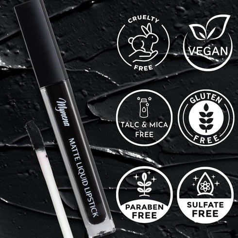 Mynena Jet Black Liquid Matte Lipstick - Long-Lasting Waterproof, High Pigment, Comfortable, Vegan & Cruelty-Free
