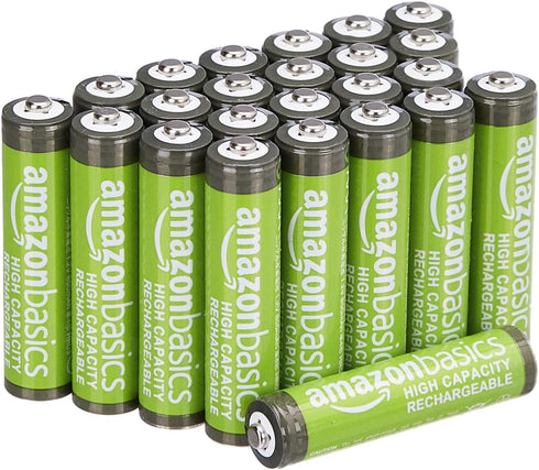 Amazon Basics 24-Pack Rechargeable AAA NiMH Batteries, 850 mAh, High-Capacity, Recharge up to 500x Times