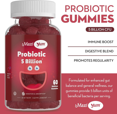 Maxi Yum Probiotic Gummies, 5 Billion CFUs, 60 Gummies for Digestive Health, Natural Berry Flavor, Kosher Certified