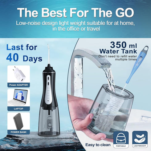 Water Dental Flosser Oral Irrigator, 5 Modes, 350ml, 6 Tips, IPX7 Waterproof, Rechargeable for Travel & Home