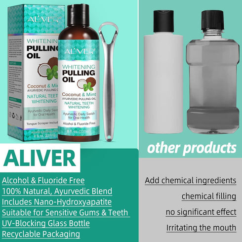 Coconut Pulling Oil 2Pack, Mint Oil Pulling Mouthwash with Tongue Scraper for Teeth Whitening and Fresh Breath