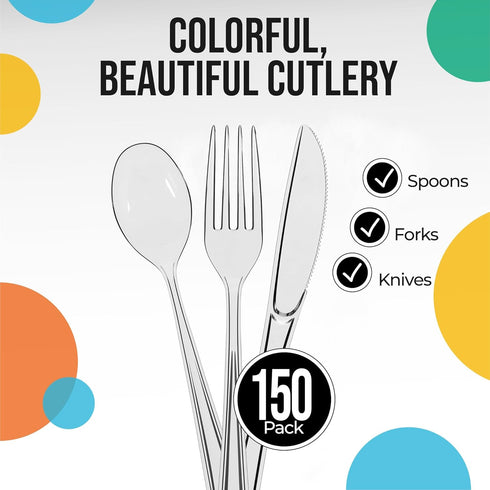 150 Pack Clear Plastic Cutlery Set, Plastic Silverware Heavy Duty, Plastic Utensil Sets, 50 Plastic Forks 50 Plastic Spoons 50 Plastic Knives Disposable Cutlery Set For Party Supplies Exquisite by Exquisite